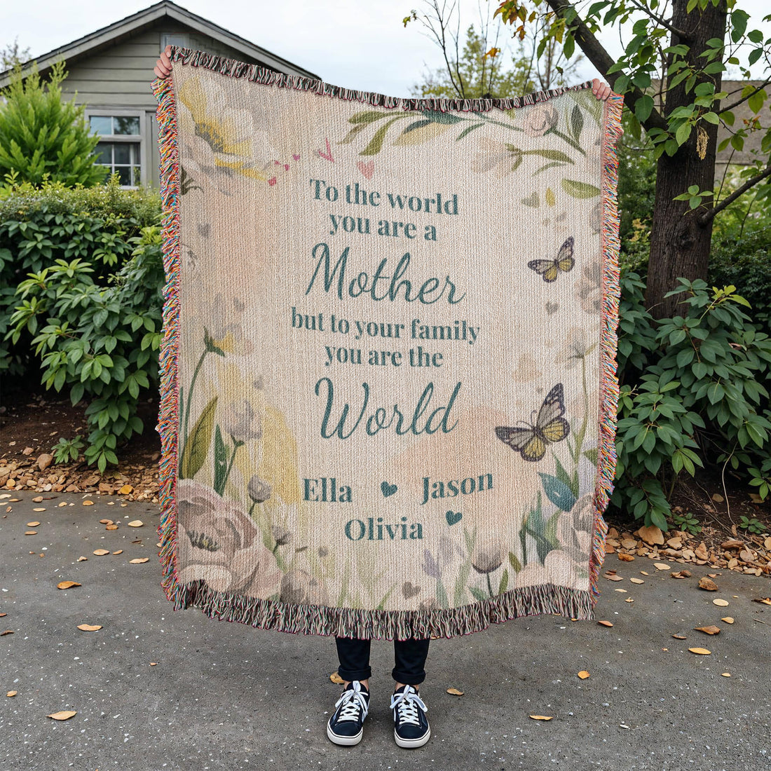 Personalized Mother’s Day Blanket – Custom Mom Gift with Kids Names – “You Are The World” Floral Throw