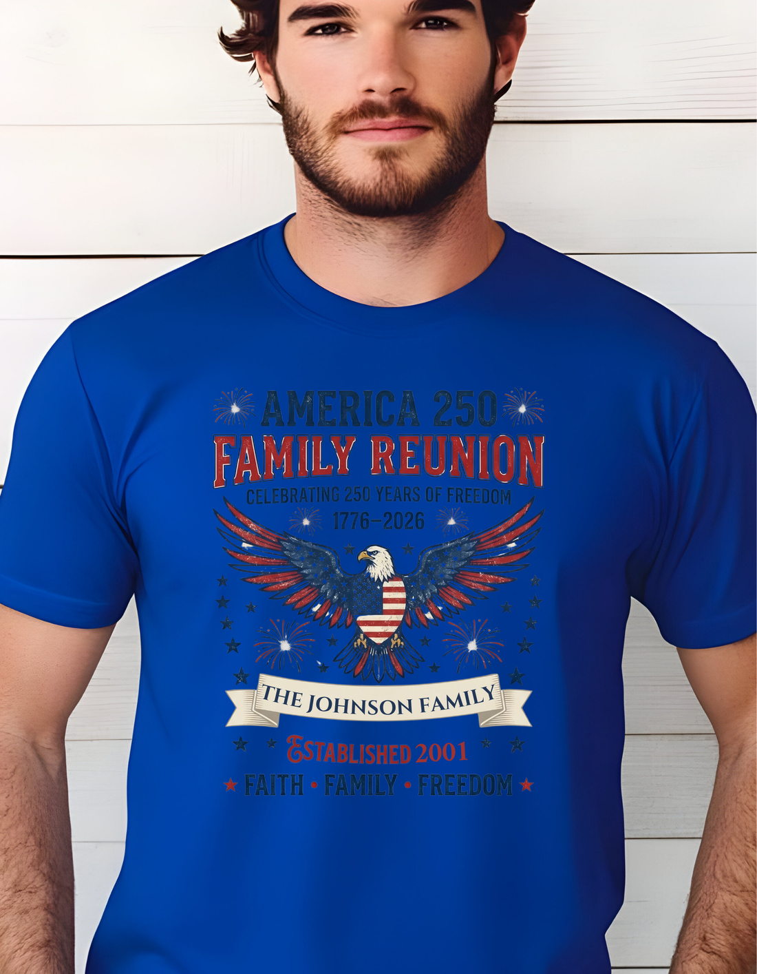 Personalized America 250 Family Reunion Shirt, Custom Family Name T-Shirt, 1776-2026 Patriotic Eagle Tee, Faith Family Freedom, July 4th