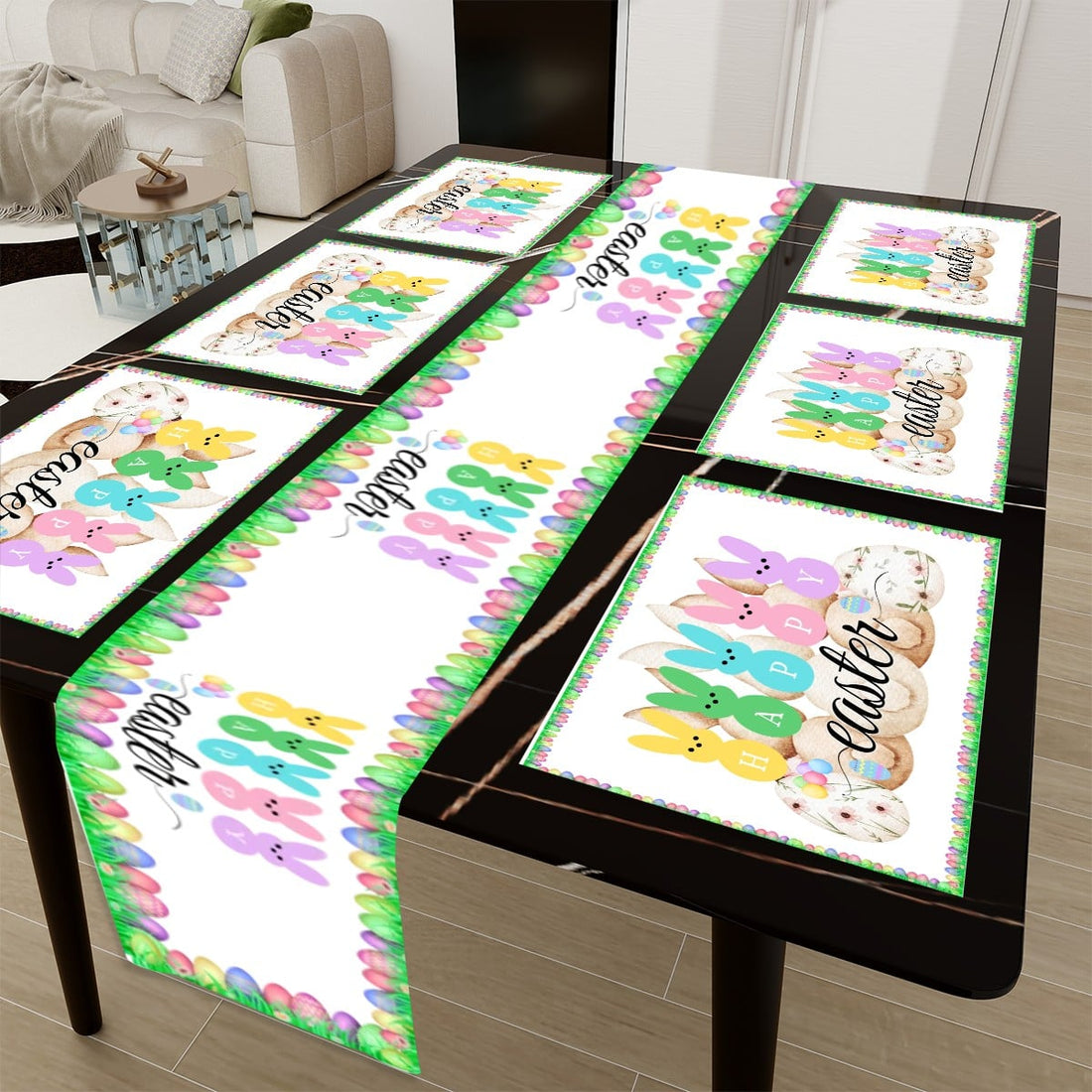 Personalized Easter Table Runner & Placemat Set – Bunny Family Dinner Decor, Spring Table Setting, Custom Easter Party Bundle 7 Pieces