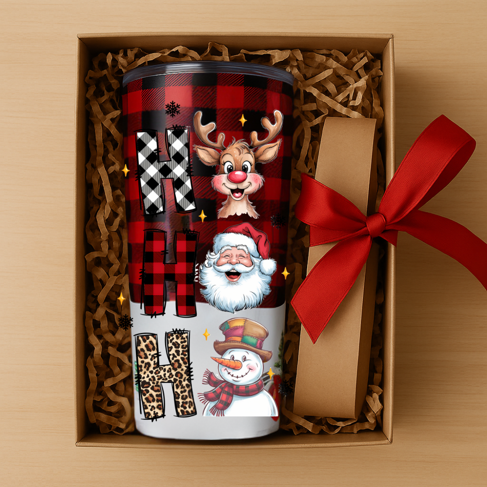 HO HO HO Christmas Tumbler 20oz • Cute Santa Reindeer Snowman Cup • Holiday Coffee Cup • Christmas Gift for Her • Buffalo Plaid Tumbler, Festive Drinkware