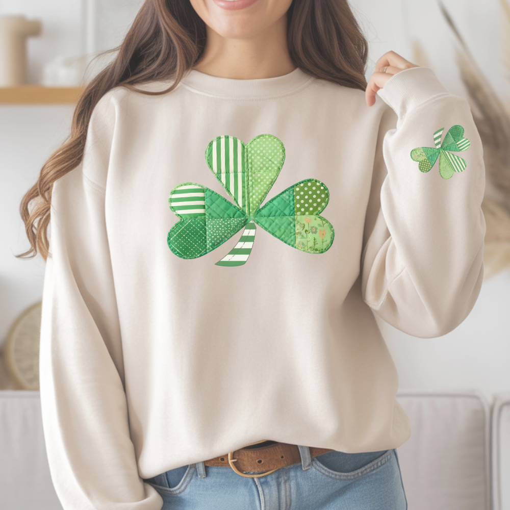 St. Patrick's Day Shamrock Sweatshirt, Patchwork Lucky Clover Crewneck, Cozy Green Patterned Pullover