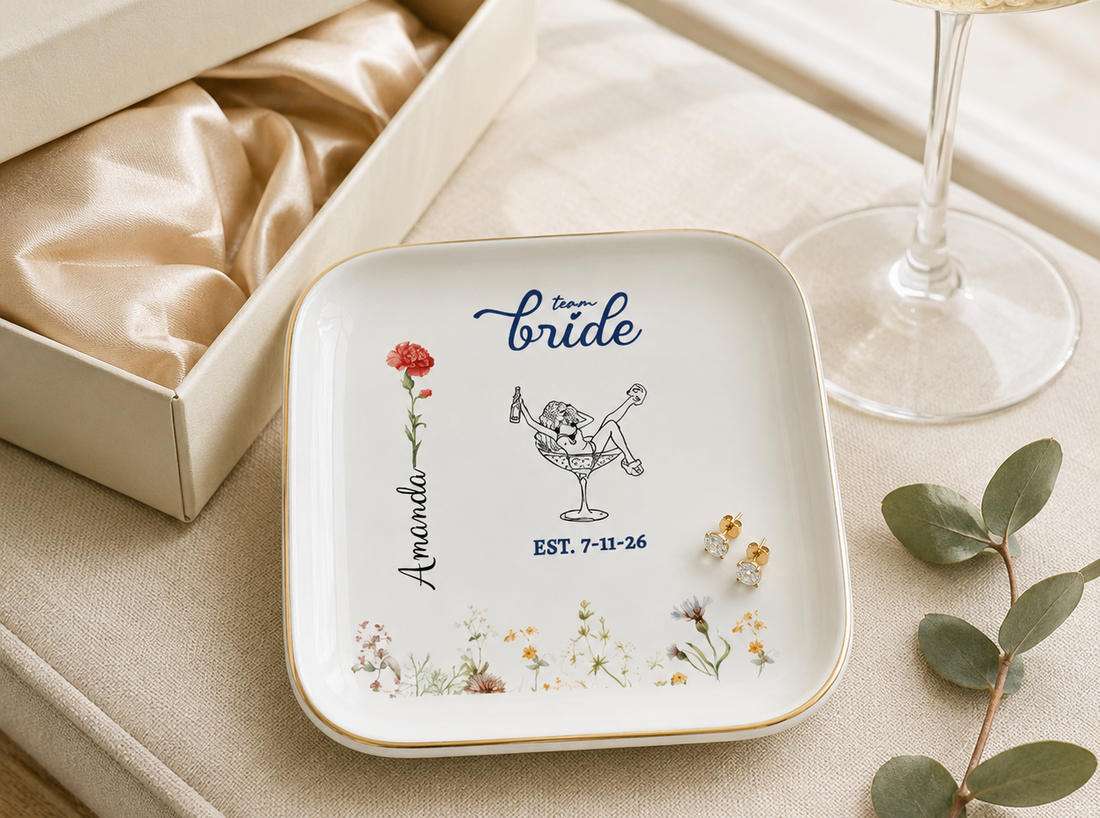 Personalized Team Bride Jewelry Dish – Custom Name, Birth Flower & Wedding Date