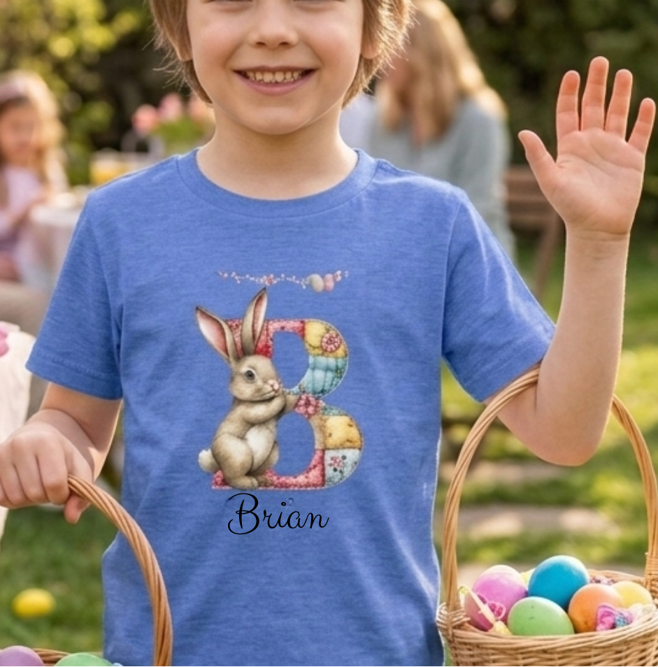 Personalized Easter Bunny Kids Shirt – Custom Name Bunny T-Shirt – Patchwork Monogram Easter Shirt – Cute Spring Bunny Tee
