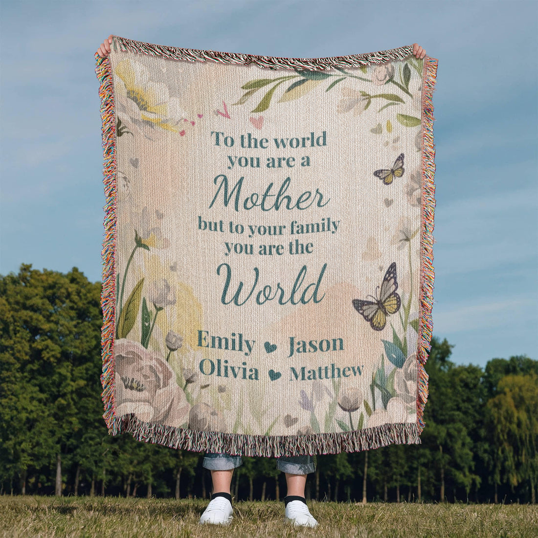 Personalized Mother’s Day Blanket – Custom Mom Gift with Kids Names – “You Are The World” Floral Throw
