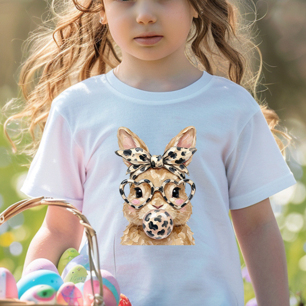 Cute Bunny Kids T-Shirt, Leopard Print Glasses Tee, Adorable Animal Graphic Top, Fun Clothes for Kids, Gift for Animal Lovers