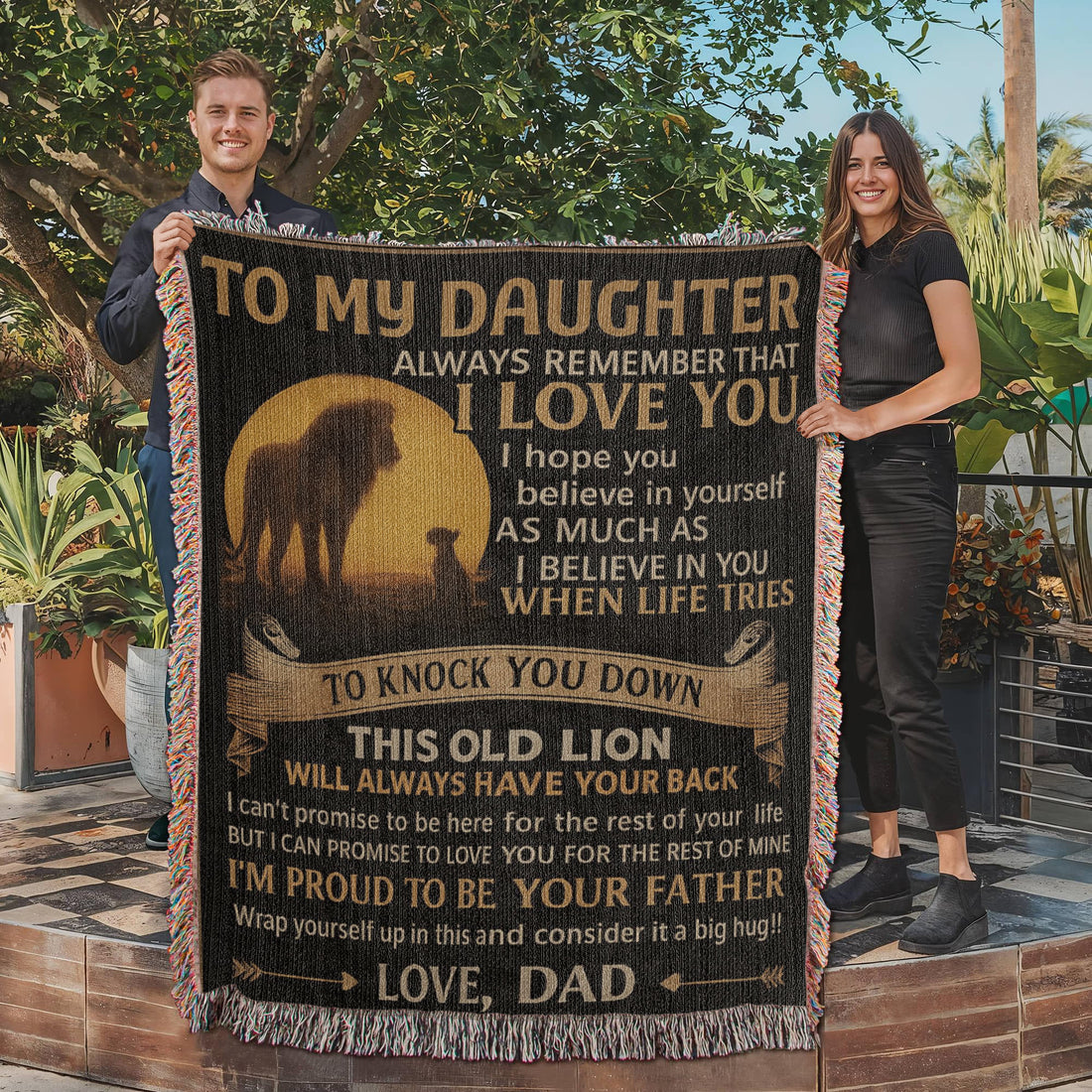 Custom Lion Theme Blanket, Personalized Woven Keepsake, Unique Gift for Daughter, Sentimental Home Decor, Dad's Love Message