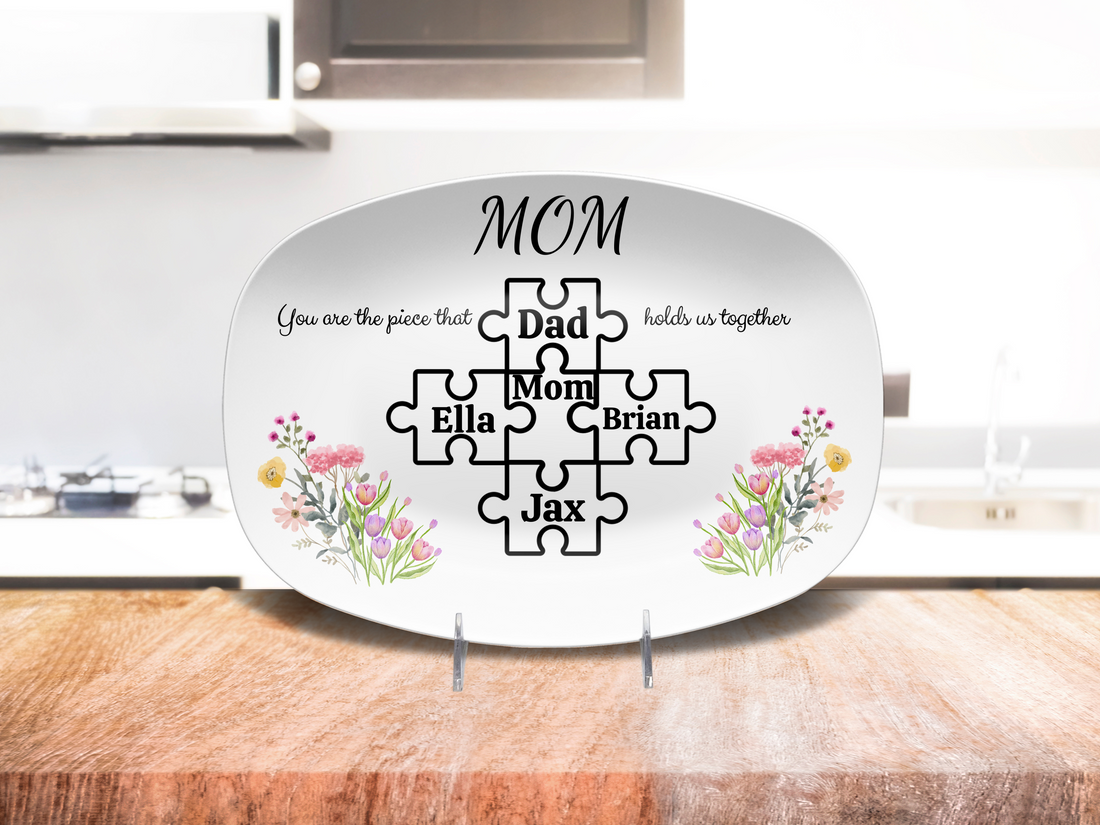 Personalized Puzzle Piece Family Plate, Floral Design, Custom Mom Gift, Unbreakable Oval Plate, Gift for Mother's Day