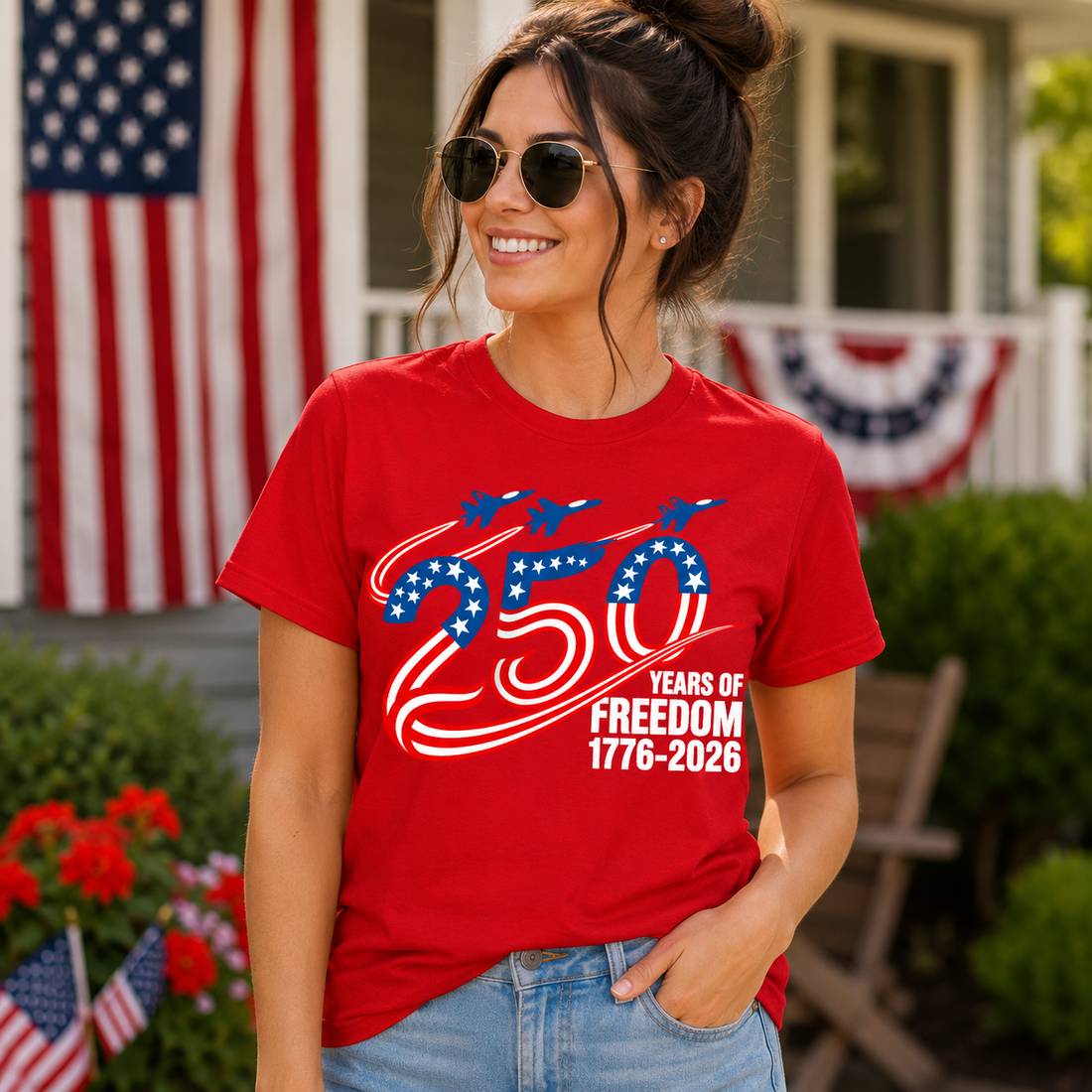250 Years of Freedom T-Shirt, Patriotic Independence Day Tee, USA Flag Shirt, Celebrating 1776-2026, Women's Summer Top