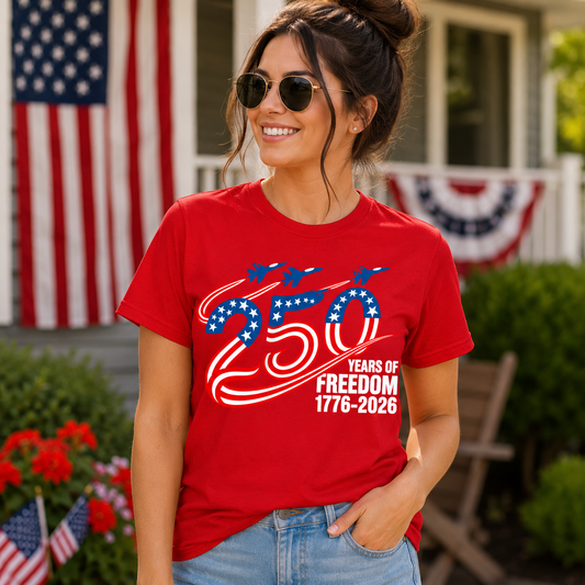 250 Years of Freedom T-Shirt, Patriotic Independence Day Tee, USA Flag Shirt, Celebrating 1776-2026, Women's Summer Top