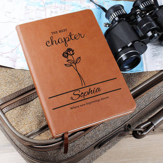 Personalized Graduation Leather Journal with Birth Flowers, Vegan Notebook Gift, Custom Name, Inspirational Quote