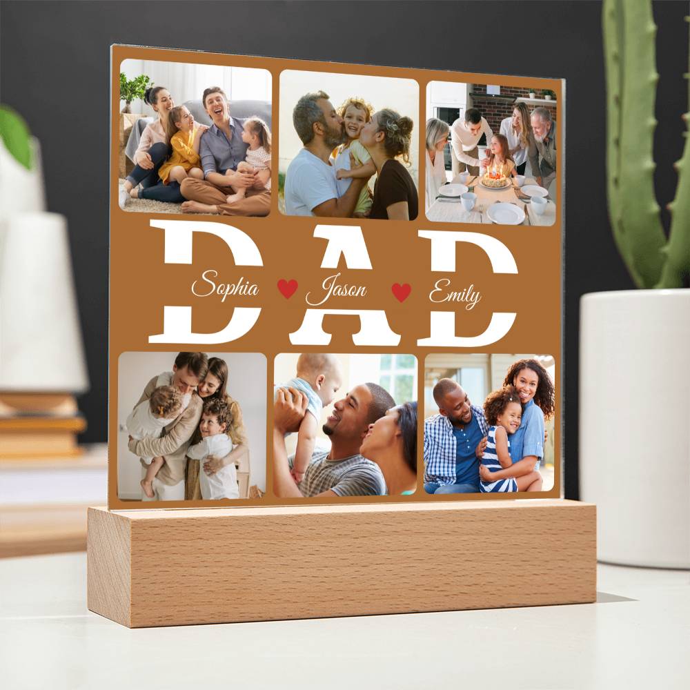 Personalized “DAD” Photo Acrylic Plaque – Custom Family Picture Gift for Dad – LED Night Lite Keepsake from Kids