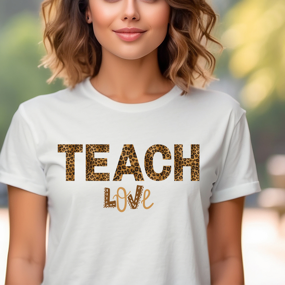 Teach Love Leopard Print Teacher Shirt – Cute Teacher Appreciation T-Shirt, Classroom Gift for Teachers, Back to School Teacher Tee