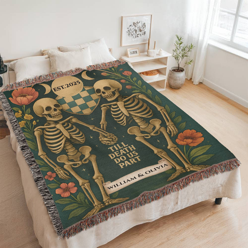 Personalized Skeleton Couple 'Till Death Do Us Part' |Spooky Halloween Tapestry Artwork Heirloom Woven Blanket