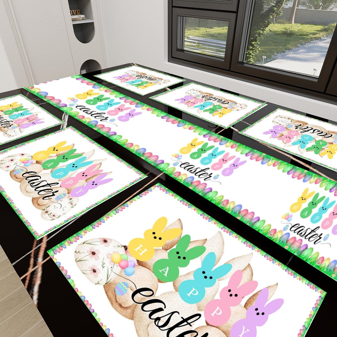 Personalized Easter Table Runner & Placemat Set – Bunny Family Dinner Decor, Spring Table Setting, Custom Easter Party Bundle 7 Pieces