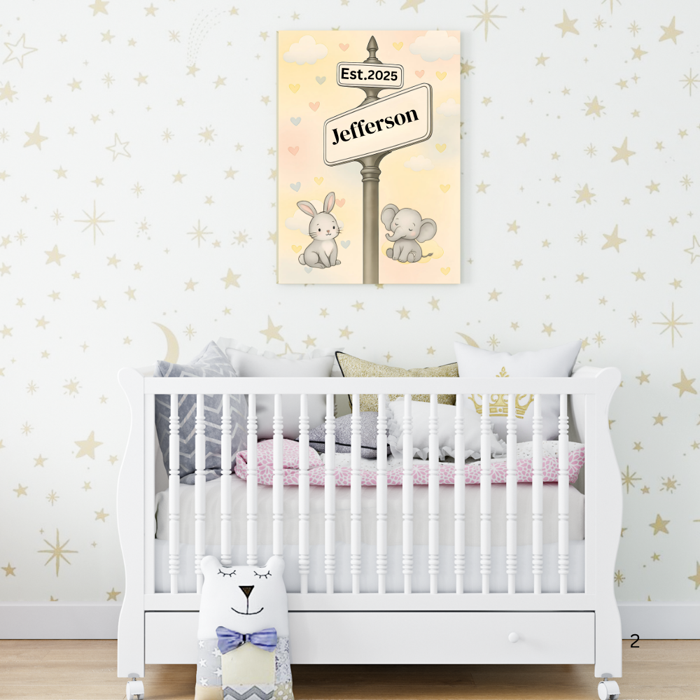 Personalized Nursery Name Street Sign | Soft, gender-neutral watercolor background Canvas