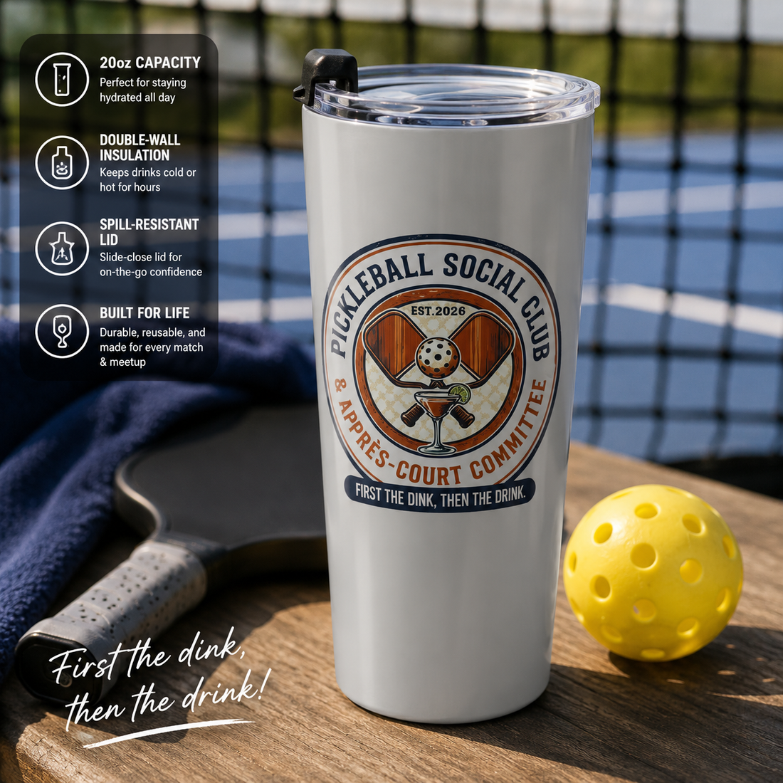 Pickleball Social Club Tumbler | First the Dink Then the Drink | Pickleball Gift for Players | 20oz Insulated Travel Mug | Matching Pickleball Shirt Available