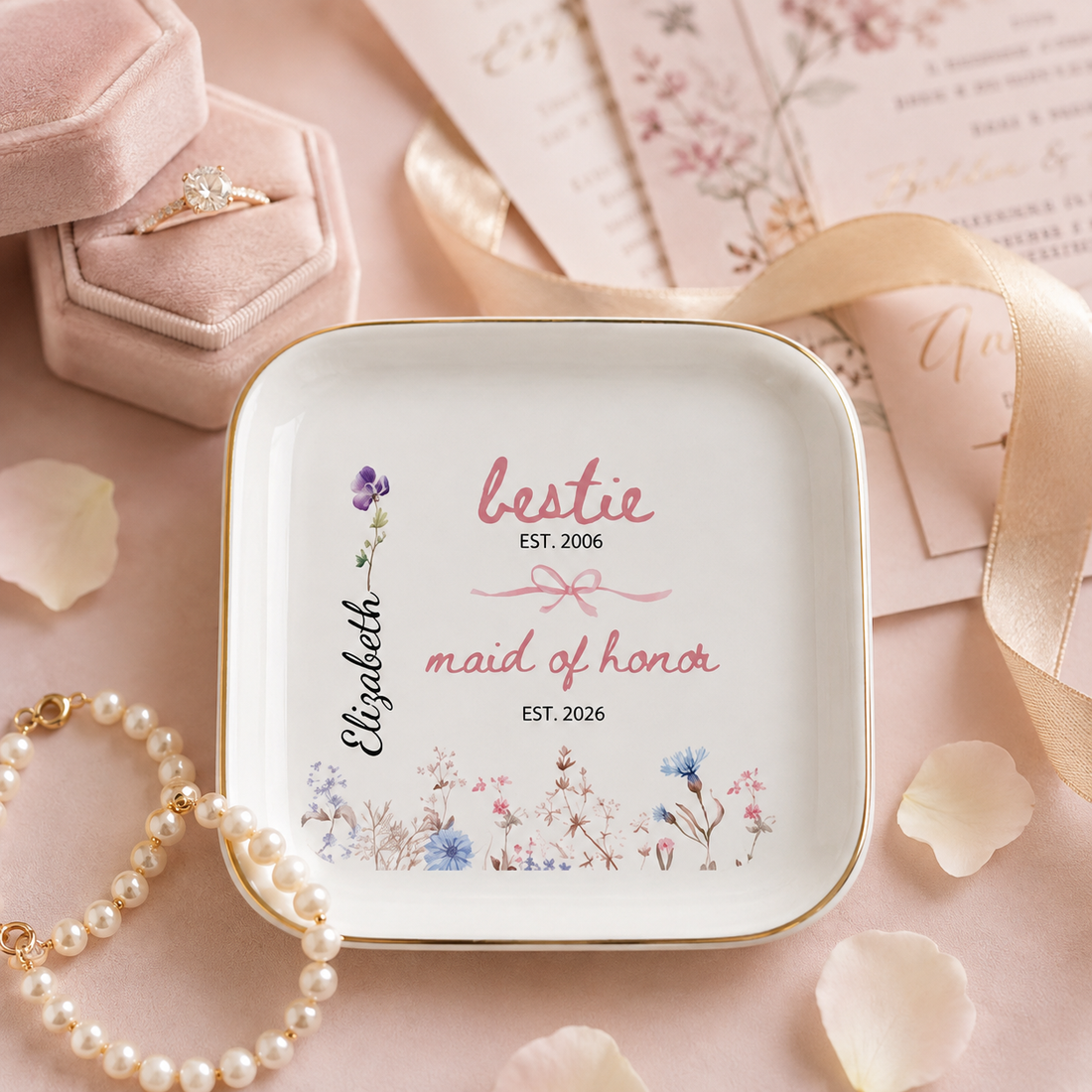 Personalized Maid of Honor Birth Flower Jewelry Dish – Custom Bestie Bridal Party Gift