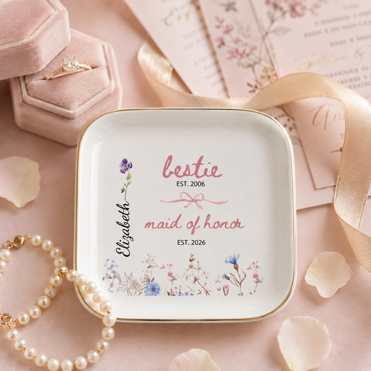 Personalized Maid of Honor Birth Flower Jewelry Dish – Custom Bestie Bridal Party Gift