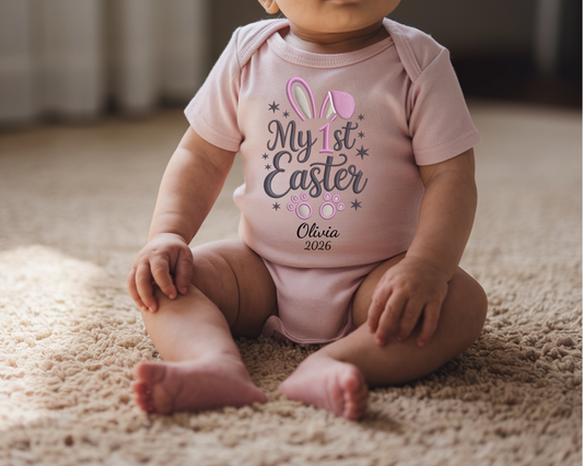 My 1st Easter Baby Bodysuit, Personalized Rabbit Design, Custom Name Date Infant Onesie