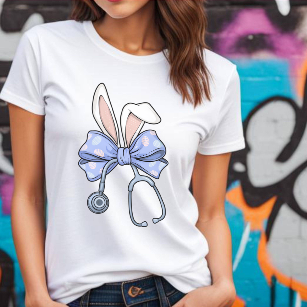 Easter Bunny Nurse Shirt, Cute Medical Tee, Bunny Ears Graphic, Spring Nurse Gift, Easter Bow Stethoscope, Bunny Ears Top, Unique Nurse Apparel