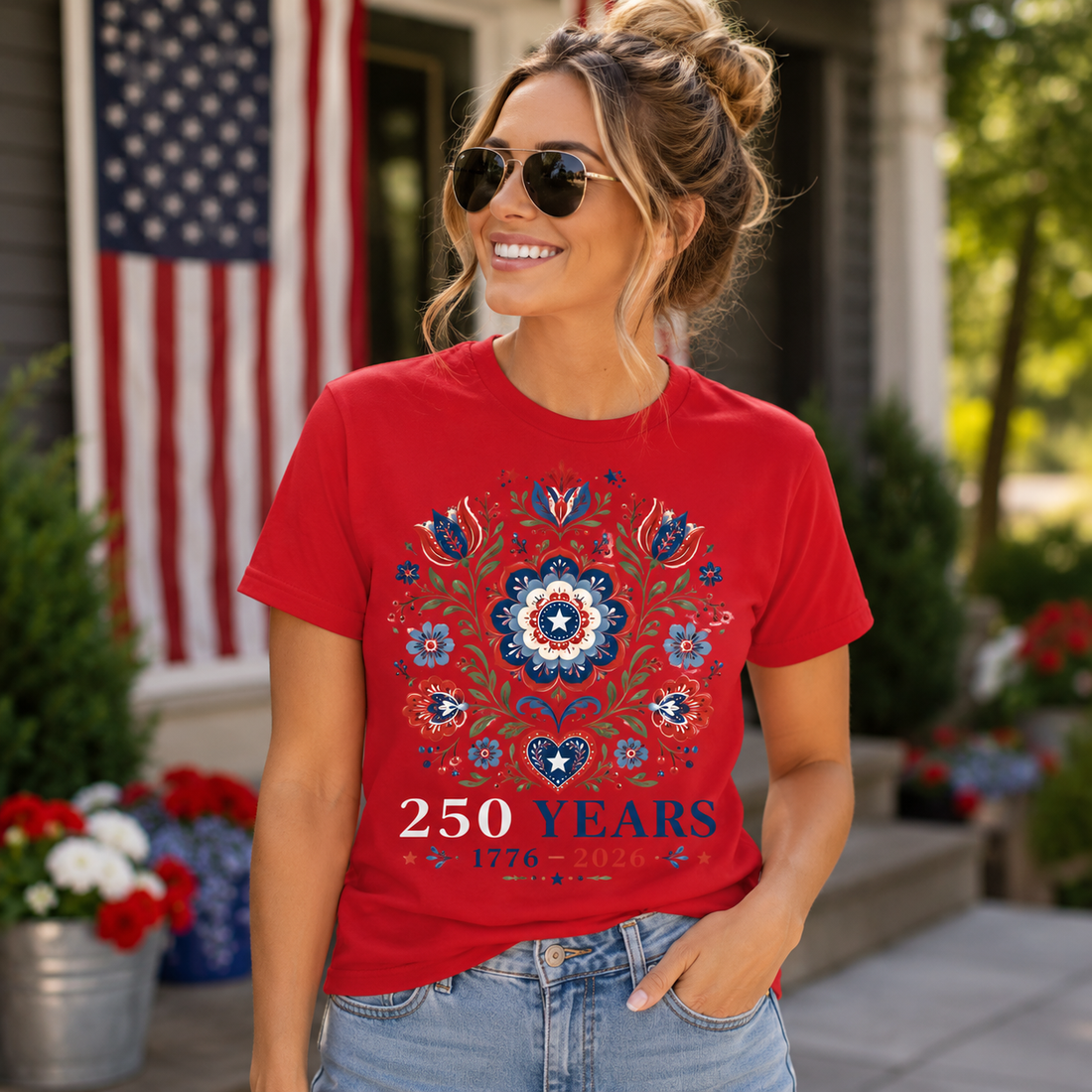 Patriotic Floral Anniversary T-Shirt, 250 Years Celebration Tee, American Heritage Gift, Vintage Style, Graphic Tee