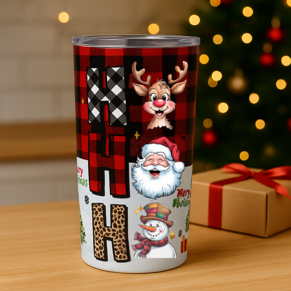 HO HO HO Christmas Tumbler 20oz • Cute Santa Reindeer Snowman Cup • Holiday Coffee Cup • Christmas Gift for Her • Buffalo Plaid Tumbler, Festive Drinkware