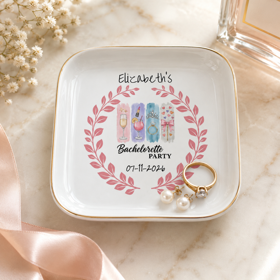 Personalized Bachelorette Party Jewelry Dish – Custom Name & Date Ring Dish