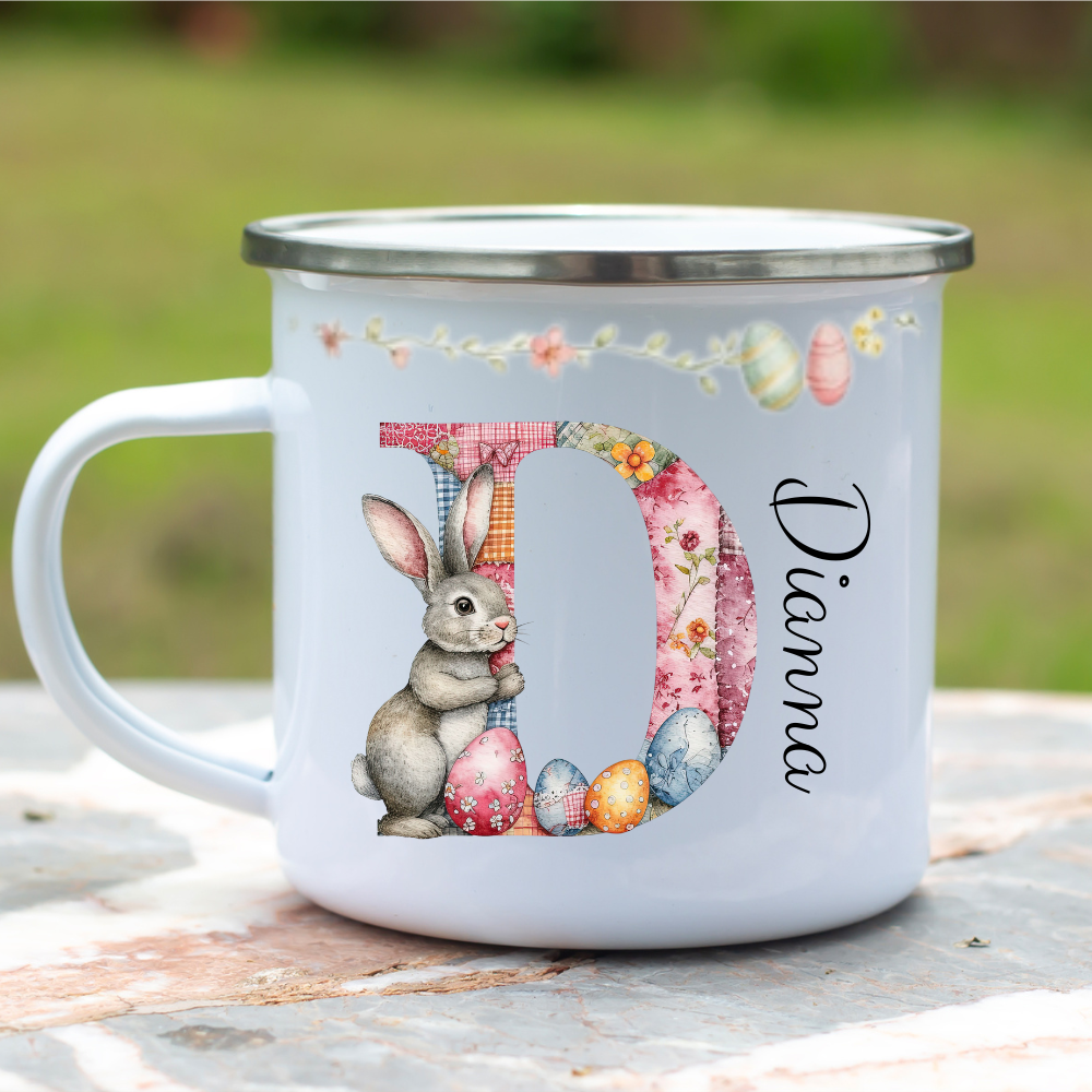 Personalized Cartoon Easter Bunny Initial 12 oz Enamel Mug with Name Easter Gift for Boys and Girls