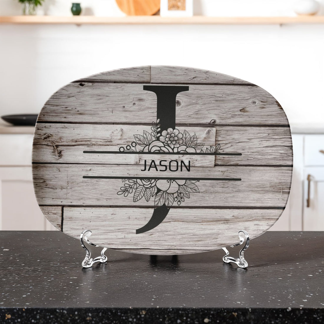 Personalized Father’s Day Platter – Custom Initial & Name Decorative Serving Tray (10x14”) – Wood Look Design Gift for Dad