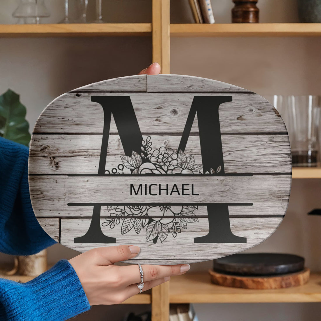 Personalized Father’s Day Platter – Custom Initial & Name Decorative Serving Tray (10x14”) – Wood Look Design Gift for Dad