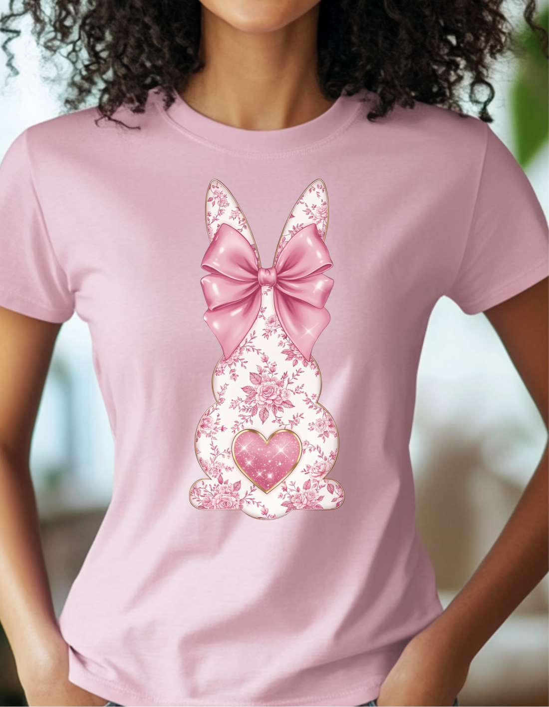 Floral Bunny Graphic Tee, Pink Bow Heart Design, Women's Cute Easter Shirt, Gildan 5000 Cotton, Spring Fashion Outfit, Gift for Her