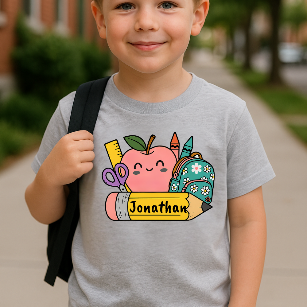 Personalized Kids Cotton Tee with School Supplies Design