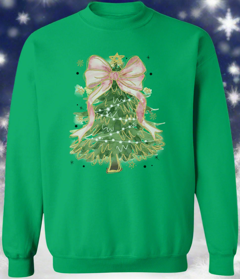Watercolor Pink Bow Christmas Tree Coquette Sweatshirt – Cute & Classy Holiday Crewneck