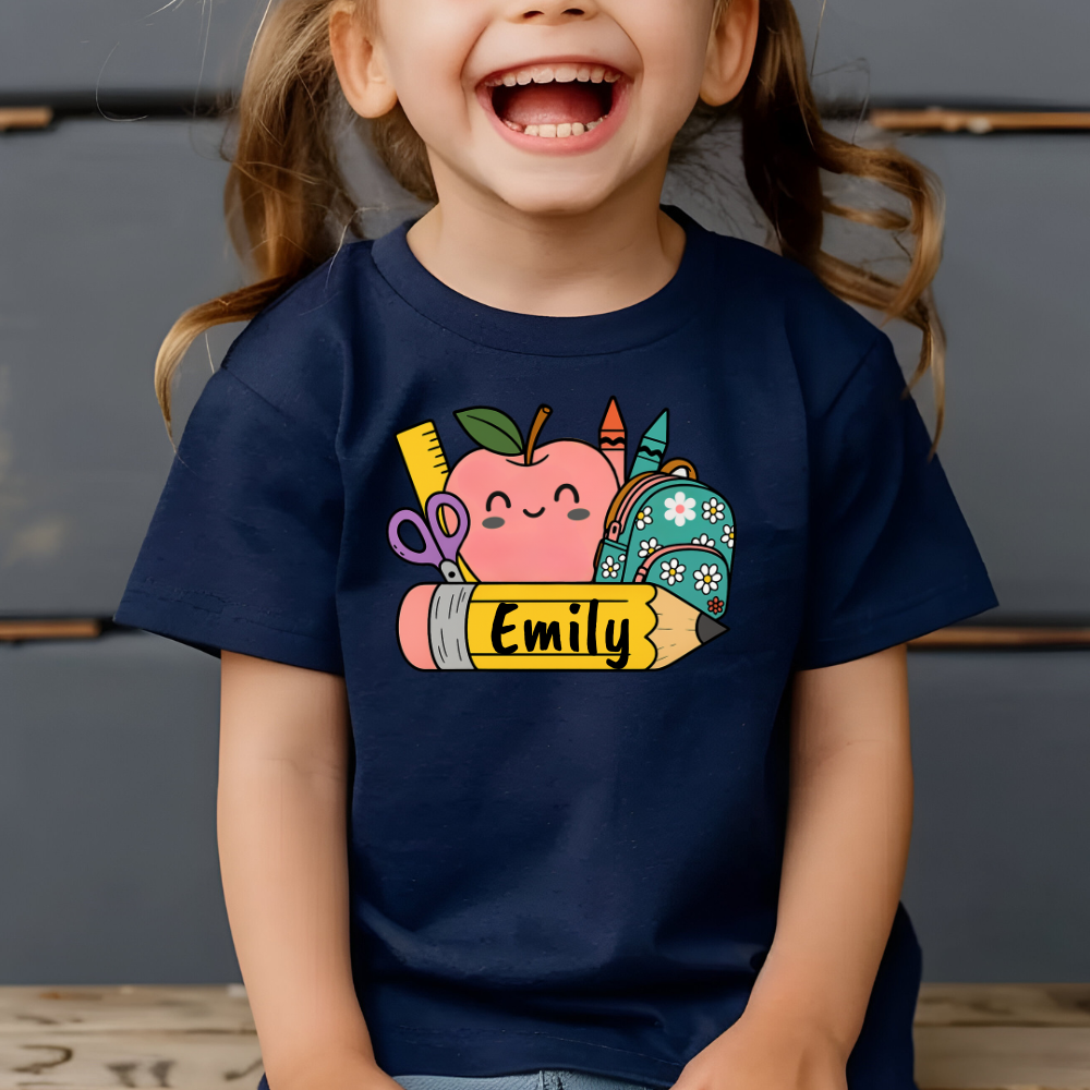 Personalized Kids Cotton Tee with School Supplies Design