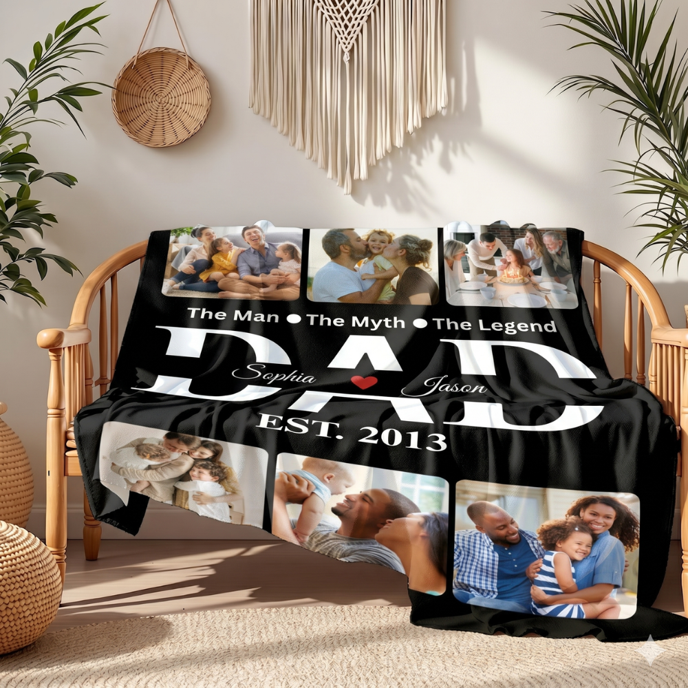 Personalized Dad Photo Blanket – Custom Family Collage Blanket with Names & EST Year – Gift for Dad from Kids – Father’s Day Blanket