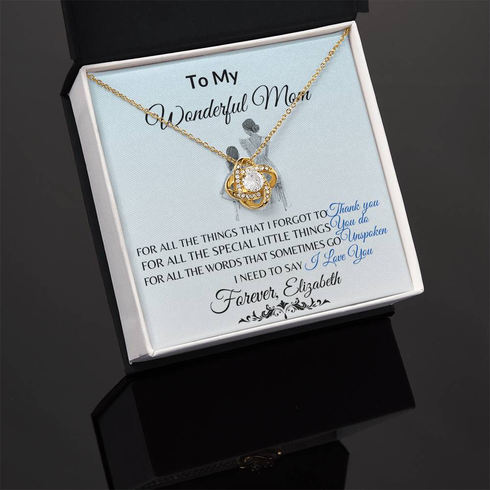 To My Wonderful Mom Necklace – Love Knot Message Card Gift | Elegant Crystal Pendant for Mother’s Day, Birthday or Just Because