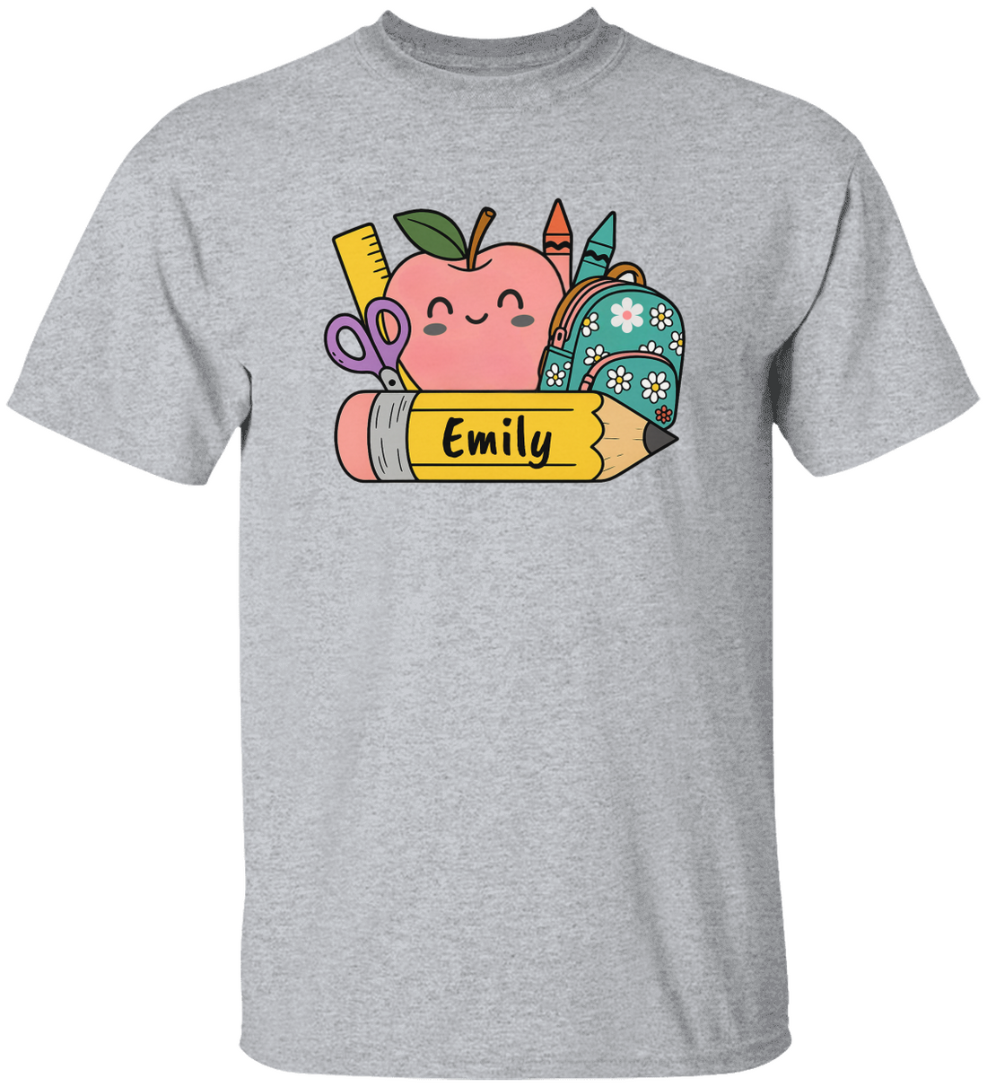 Personalized Kids Cotton Tee with School Supplies Design