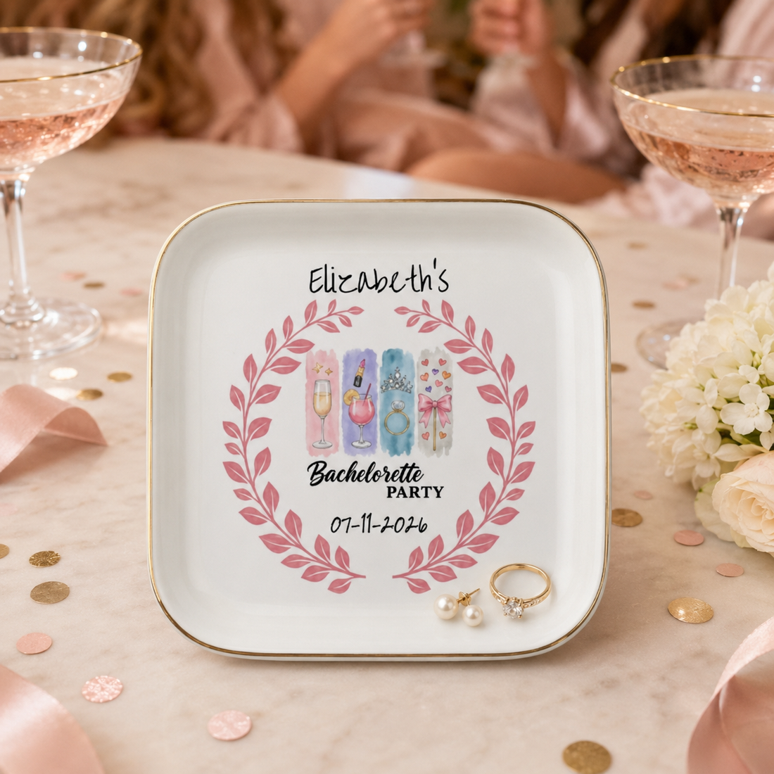 Personalized Bachelorette Party Jewelry Dish – Custom Name & Date Ring Dish