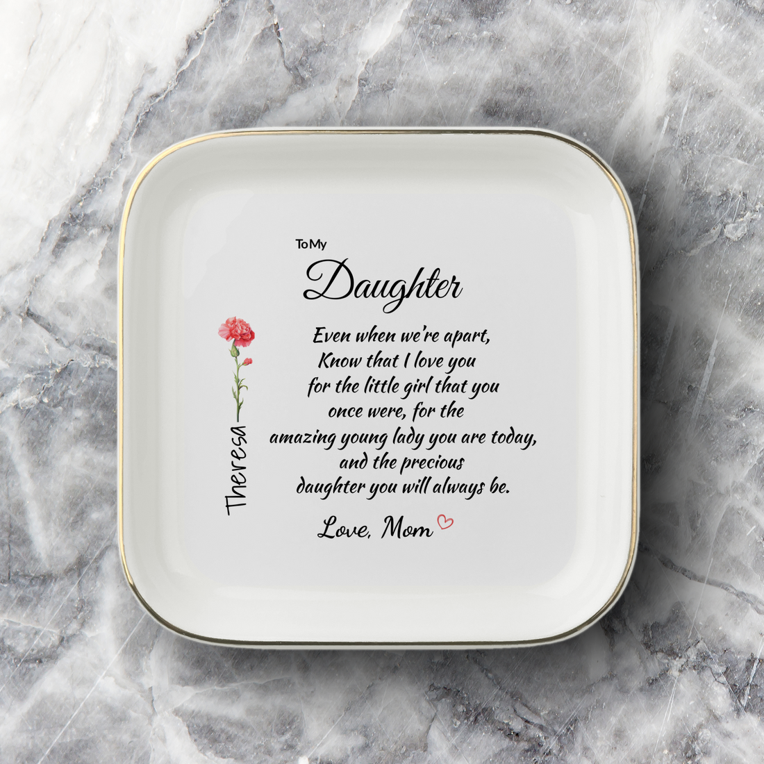 Personalized Birth Flower Jewelry Dish for Daughter from Mom – Custom Name Ring Dish