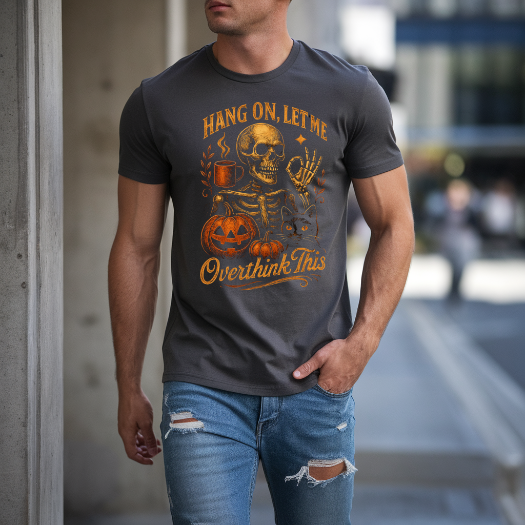 Halloween Skeleton and Cat "Overthink This" Tee