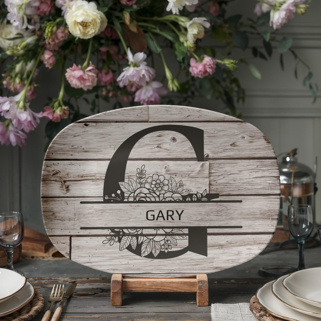 Personalized Father’s Day Platter – Custom Initial & Name Decorative Serving Tray (10x14”) – Wood Look Design Gift for Dad
