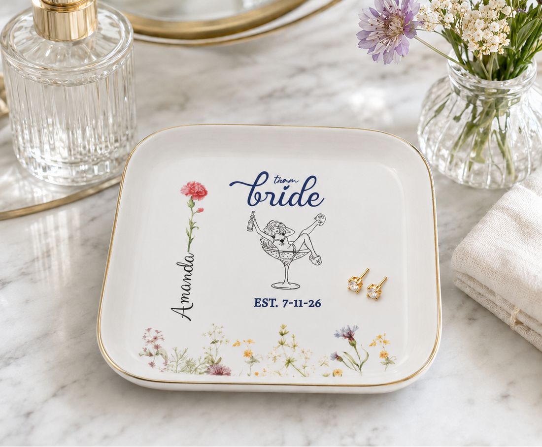 Personalized Team Bride Jewelry Dish – Custom Name, Birth Flower & Wedding Date