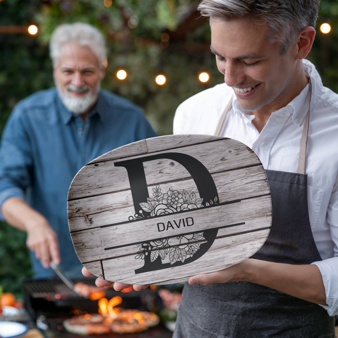 Personalized Father’s Day Platter – Custom Initial & Name Decorative Serving Tray (10x14”) – Wood Look Design Gift for Dad
