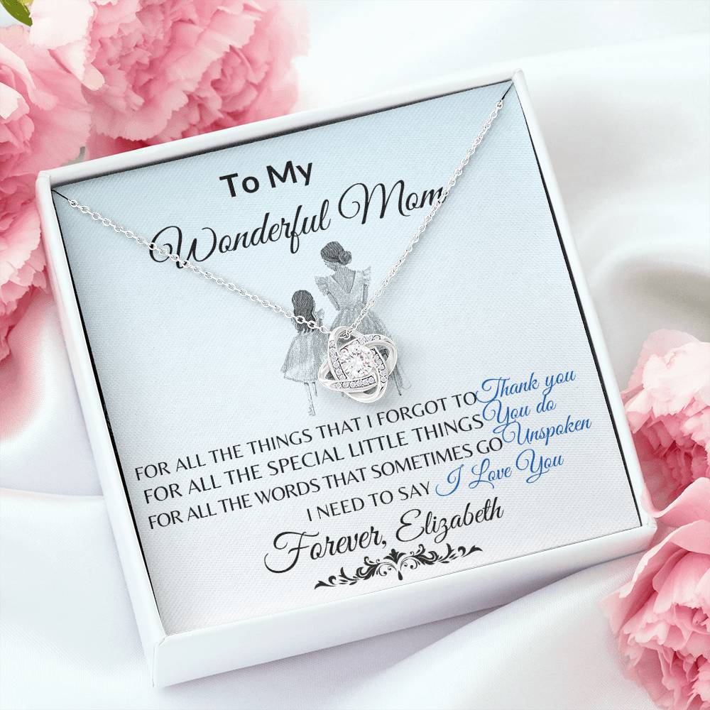 To My Wonderful Mom Necklace – Love Knot Message Card Gift | Elegant Crystal Pendant for Mother’s Day, Birthday or Just Because