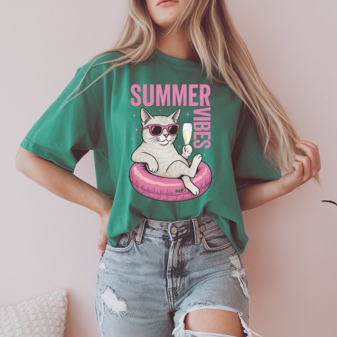 Summer Vibes T-Shirt, Summer Cat, Lazy River Cat, Cat in pool tube | Champagne Time