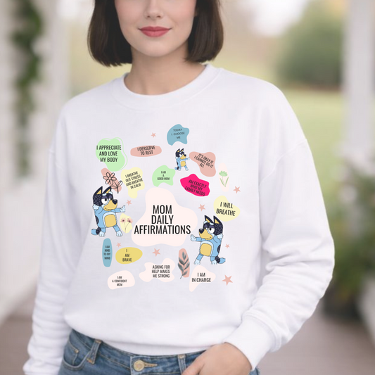 Mom Affirmations Sweatshirt, Positive Mom Gift, Cartoon Illustration, Mindfulness Apparel for Mothers