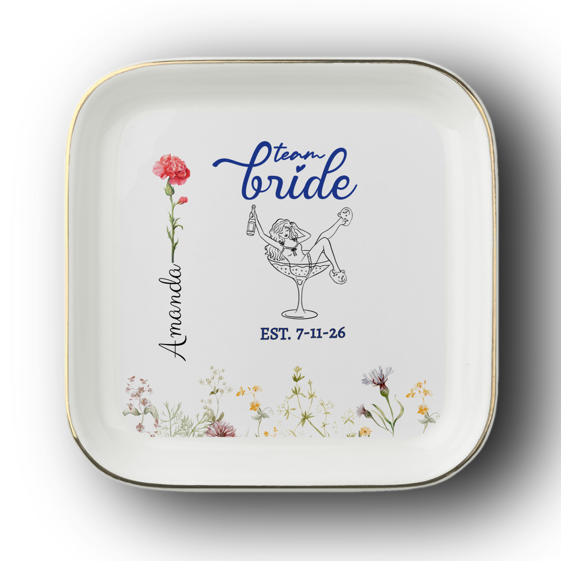 Personalized Team Bride Jewelry Dish – Custom Name, Birth Flower & Wedding Date