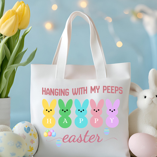Easter Tote Bag, Hanging with My Peeps Print, Cute Bunny Design, Spring Gift Tote, Colorful Handle Options, Easter Egg Hunt Bag