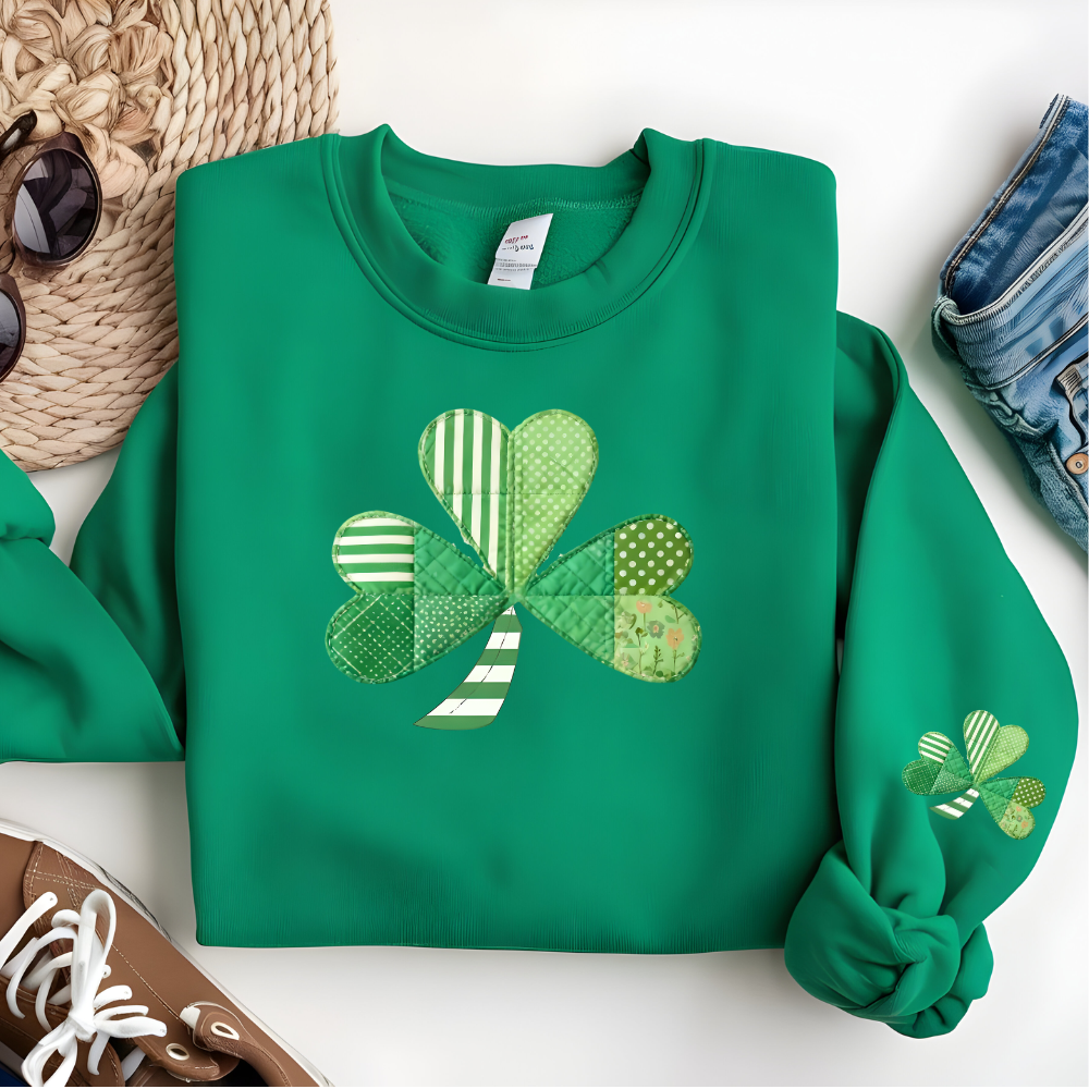 St. Patrick's Day Shamrock Sweatshirt, Patchwork Lucky Clover Crewneck, Cozy Green Patterned Pullover