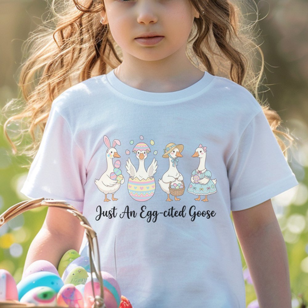 Kids Easter Goose Shirt, Cute Goose Easter Design, Fun Egg Pattern Tee, Youth Spring Outfit, Easter Egg Hunt Shirt, Kids Cartoon Tee
